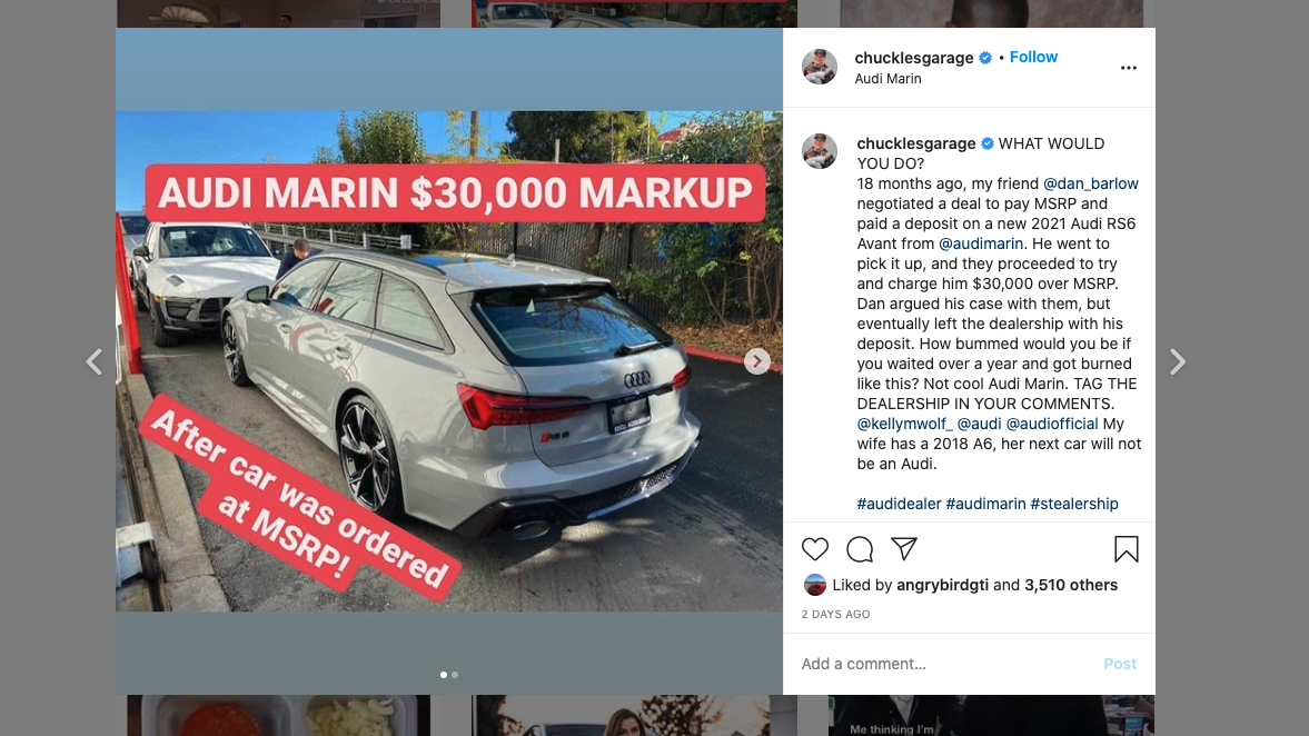 dealer markup on a new Audi RS6 Avant