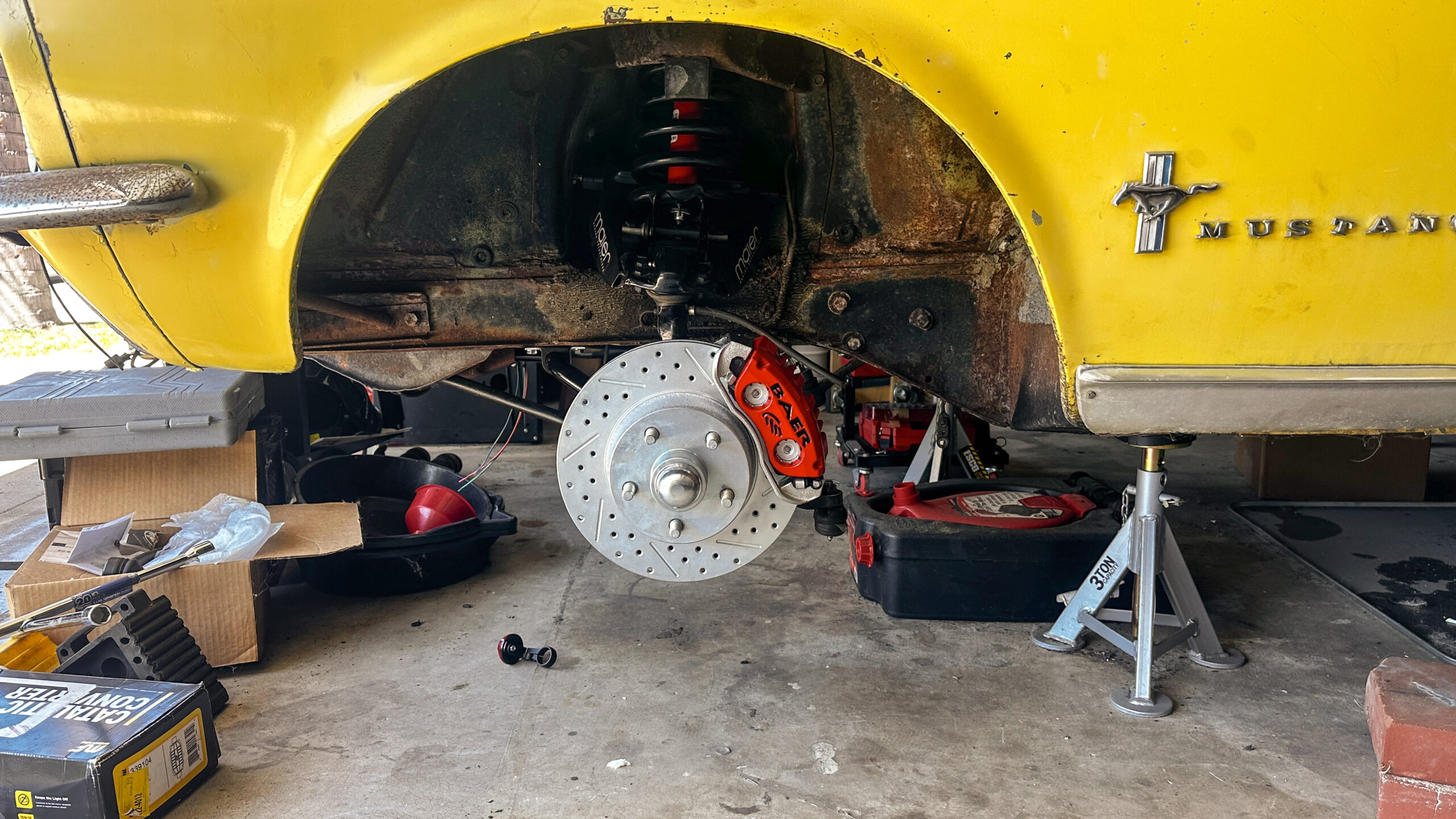 1967 ford mustang showing off new front brakes